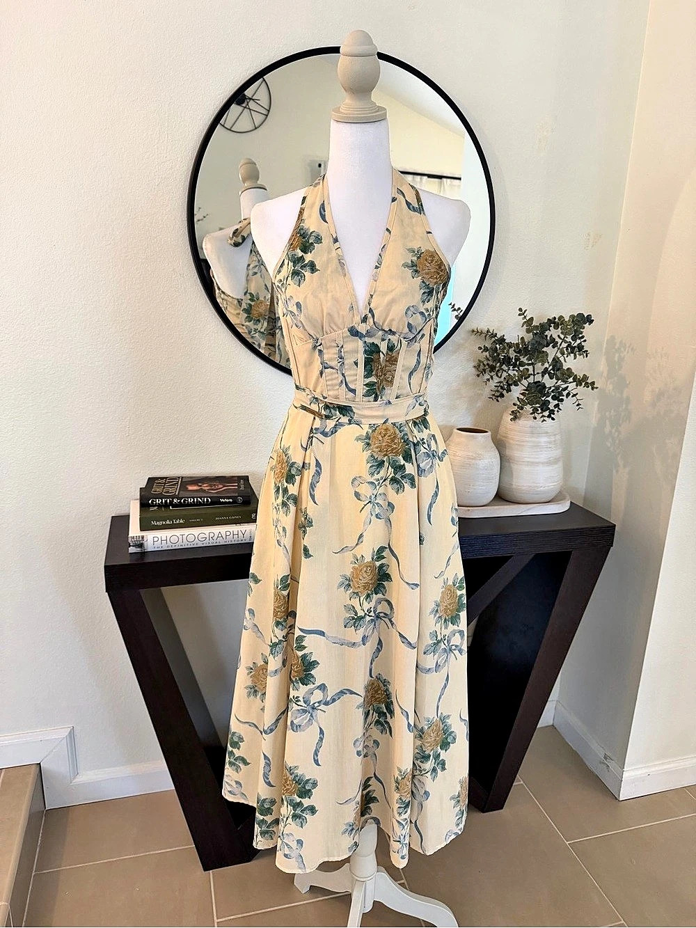 Midi Sundress Floral Dress in Cream